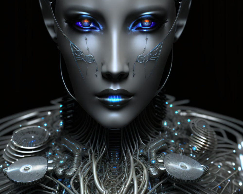 Female robotic figure with intricate mechanical details and glowing blue eyes