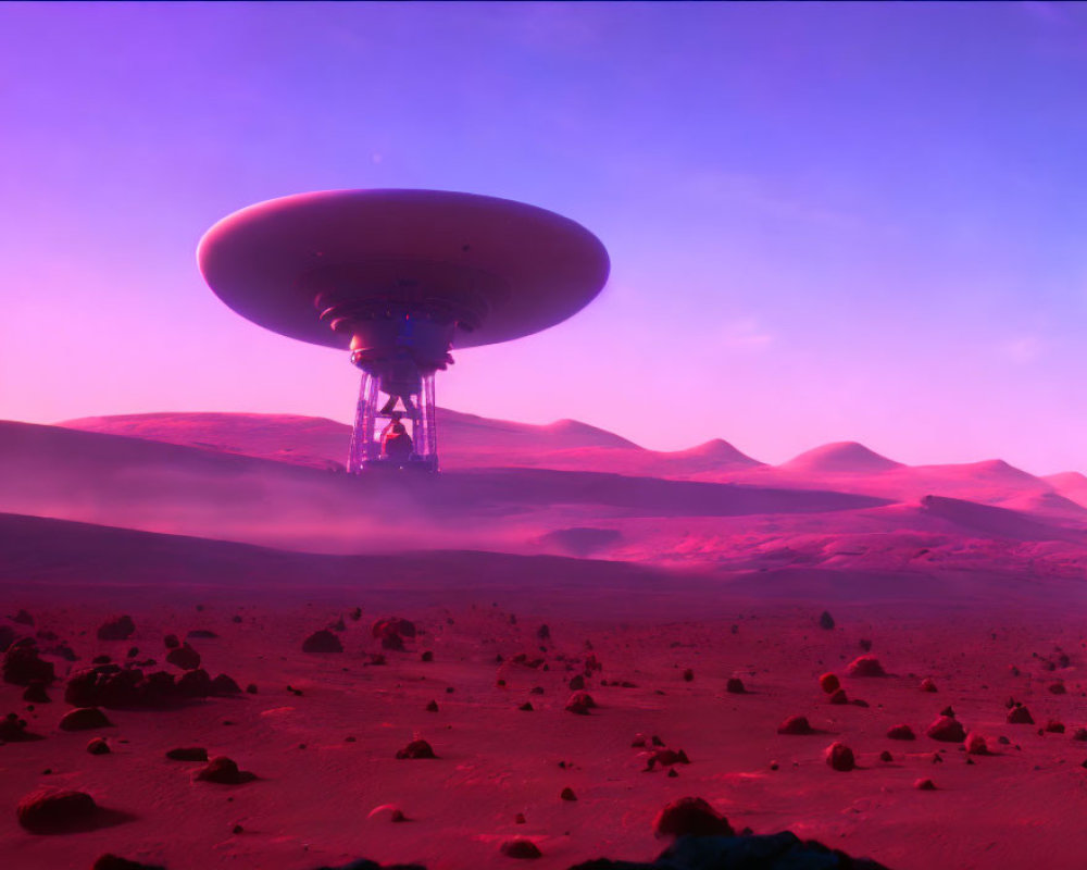 Futuristic building in alien landscape under pinkish sky