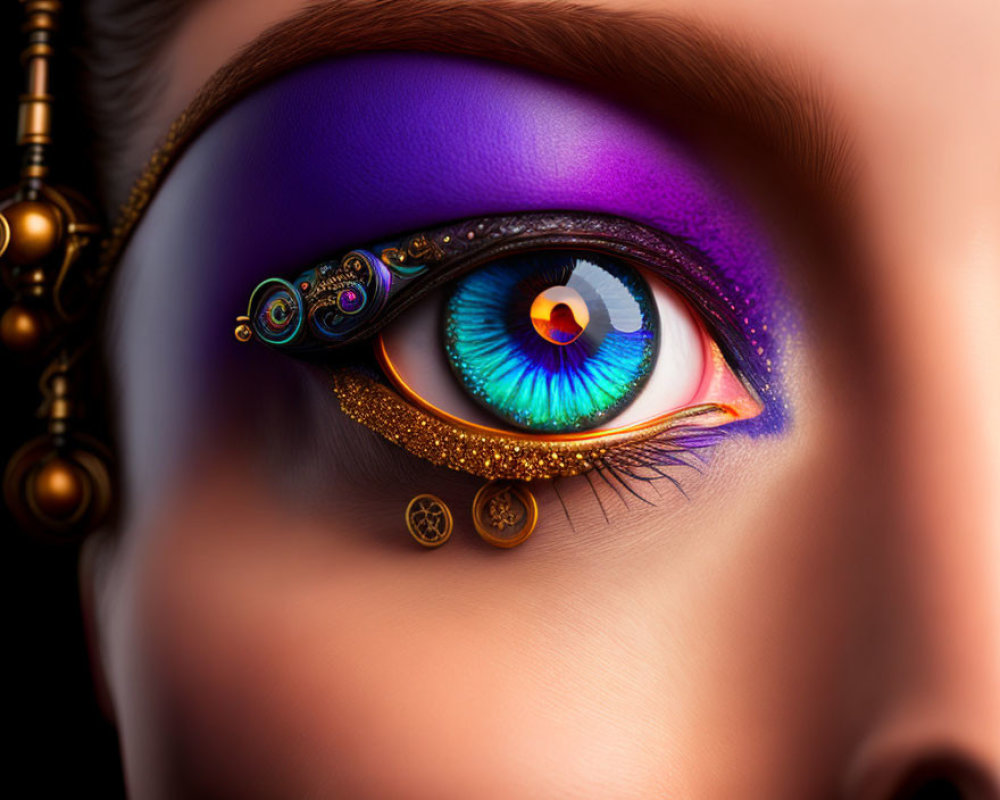 Close-up of vividly made-up eye with purple eyeshadow, gold eyeliner, and pe