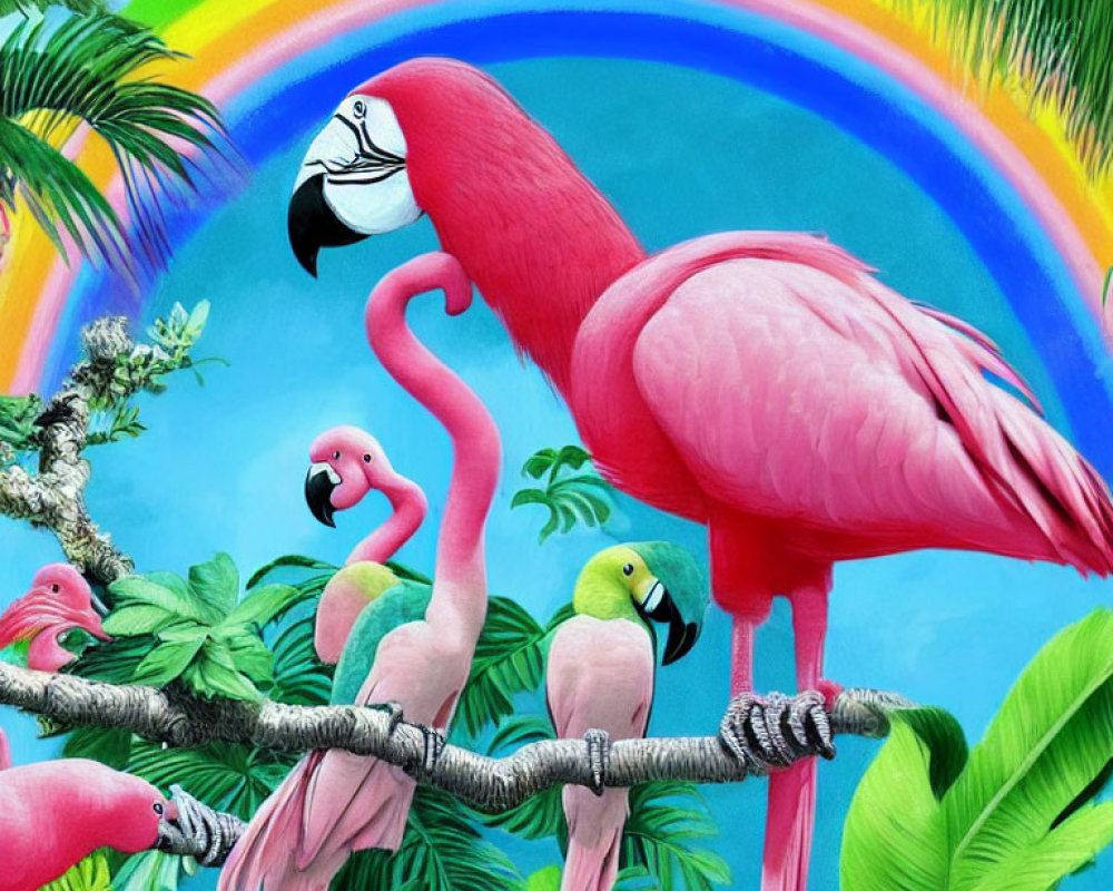 Colorful flamingos on branch with rainbow and parrot in background