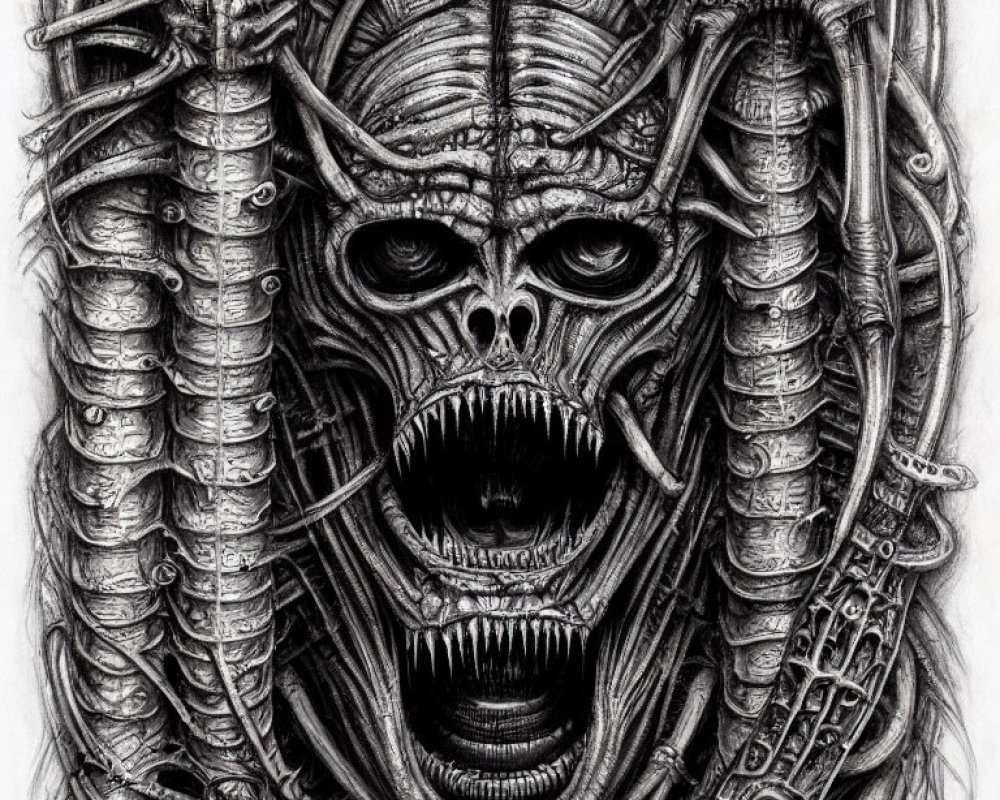 Detailed Biomechanical Skull Drawing with Tubing and Mechanical Components