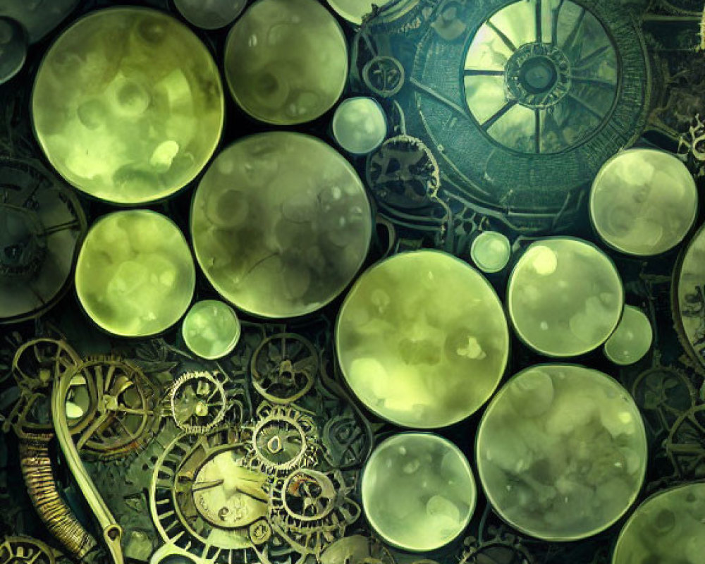 Surreal luminescent orbs over vintage watch gears and cogs in greenish backdrop