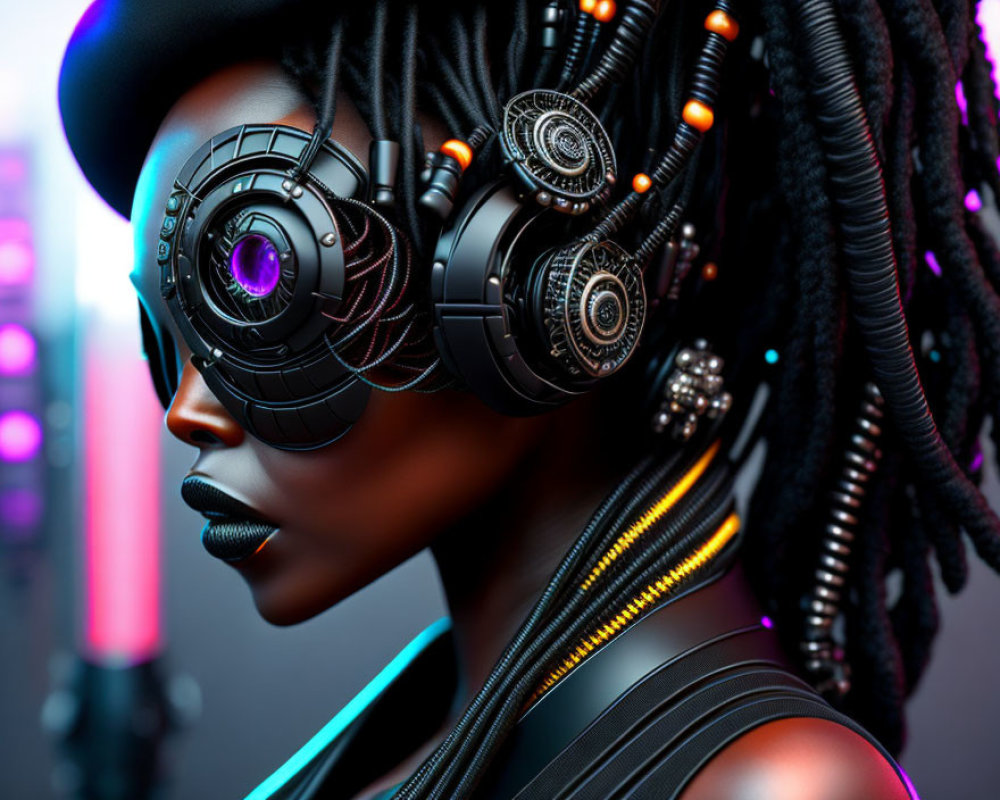 Futuristic cyberpunk woman with braided hair and advanced headphones