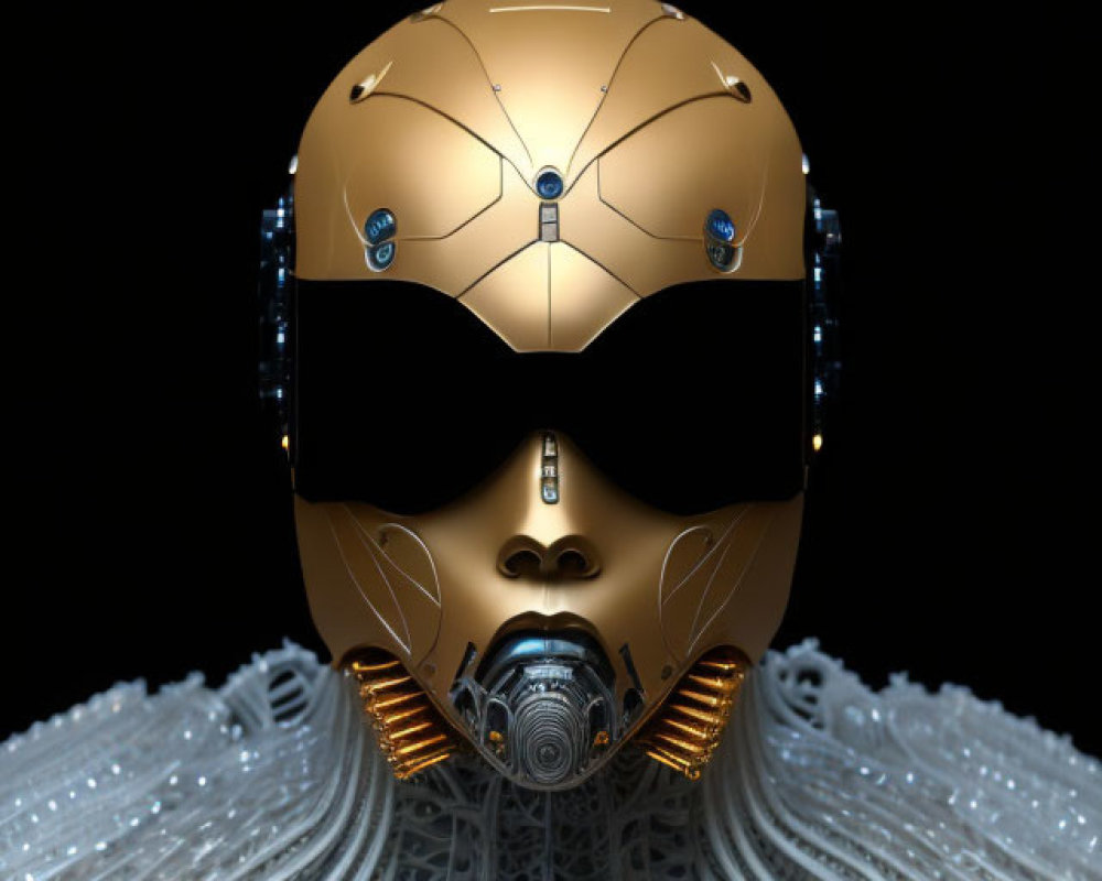 Gold-colored robotic head with glowing blue elements on mechanical torso.