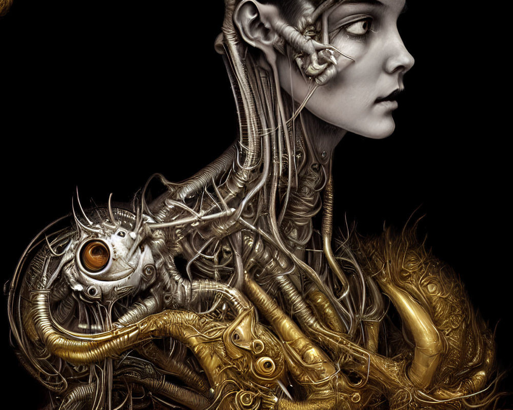 Steampunk style artwork of a woman with cybernetic enhancements