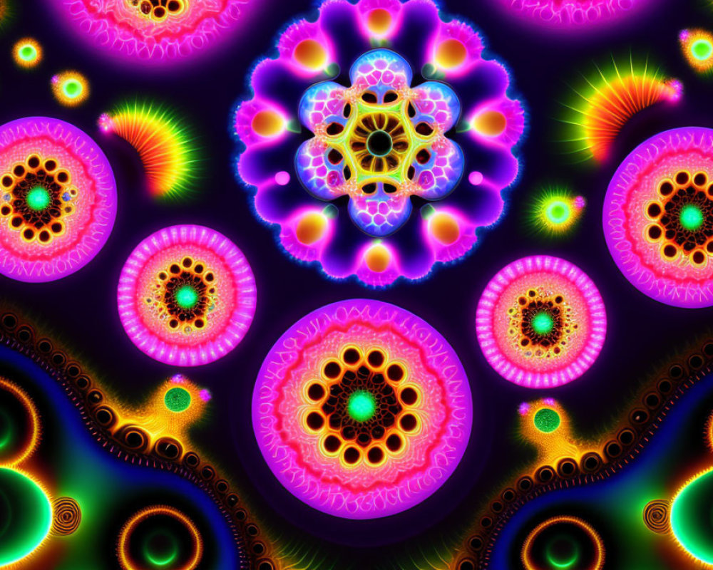 Colorful digital artwork with neon kaleidoscopic pattern and fractal designs.