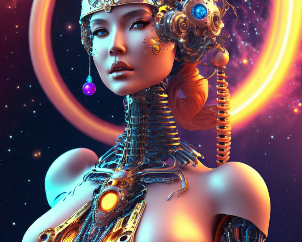 Detailed Female Android Illustration with Mechanical Components in Cosmic Background