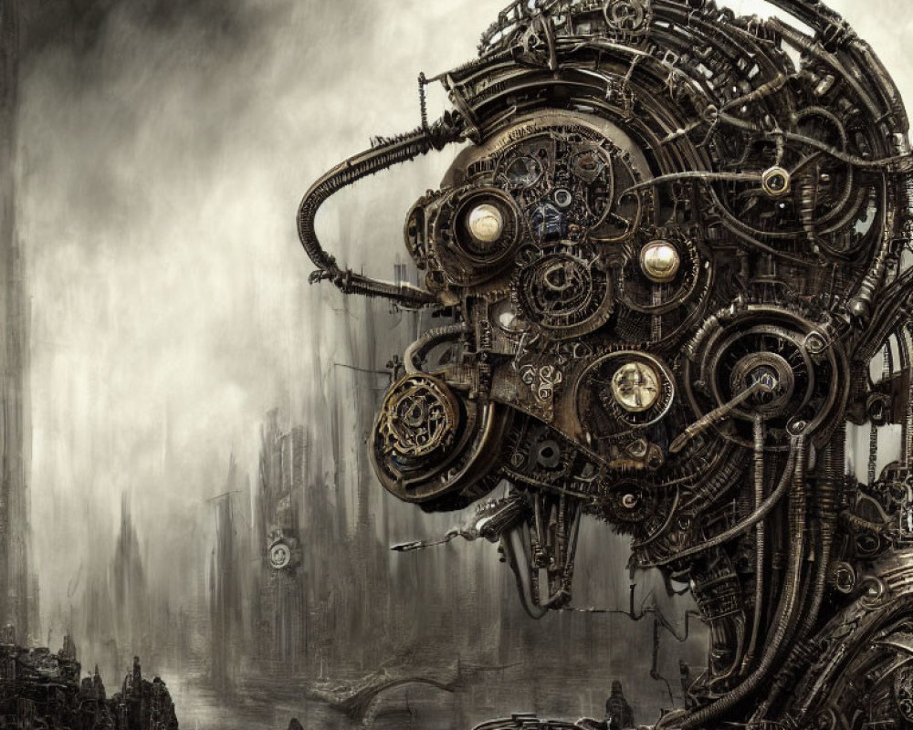 Steampunk machinery intertwined with cityscape in misty setting