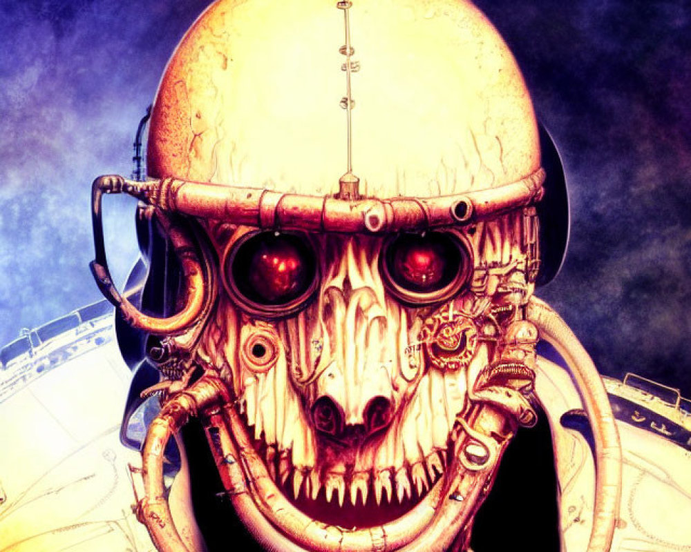 Skull with red glowing eyes and aviator goggles in steampunk setting