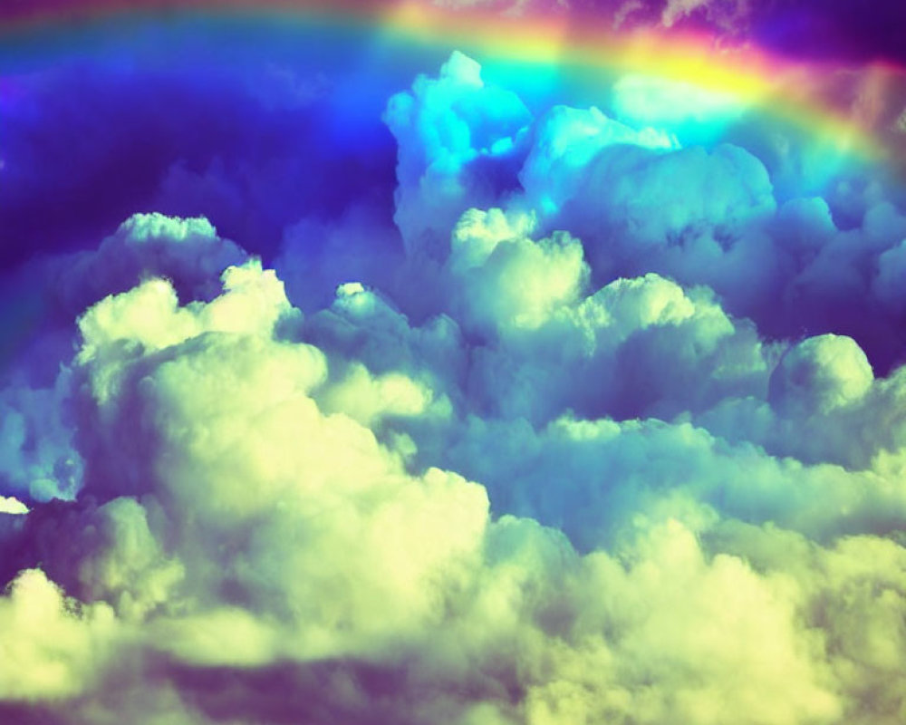 Colorful rainbow over fluffy clouds in digital art