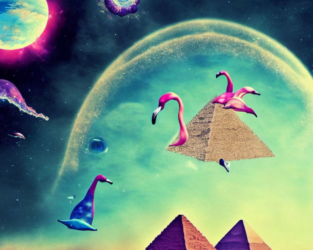 Surreal cosmic scene: Pink flamingos, whale in space, pyramids, celestial bodies