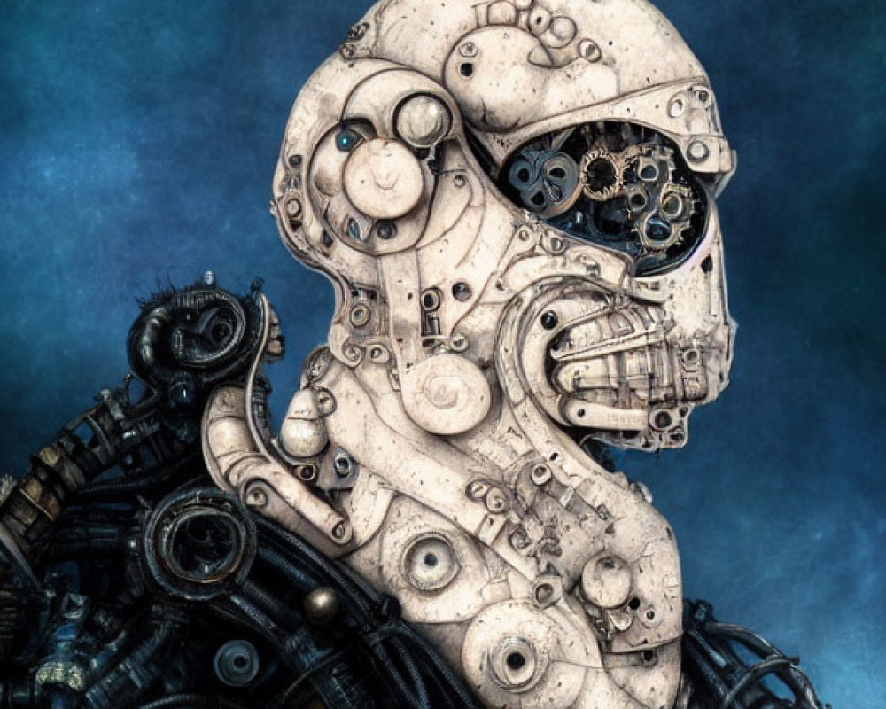 Steampunk-style robotic head with intricate gears on blue background