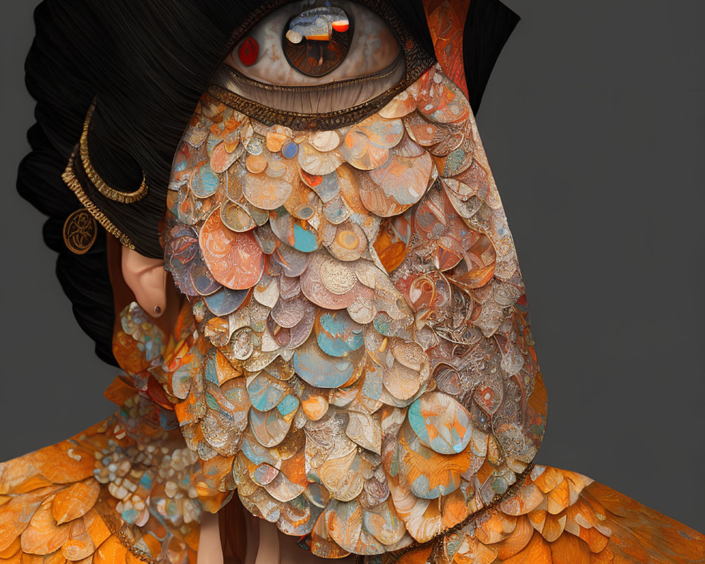 Ornate mask with scales and eye design on person's face