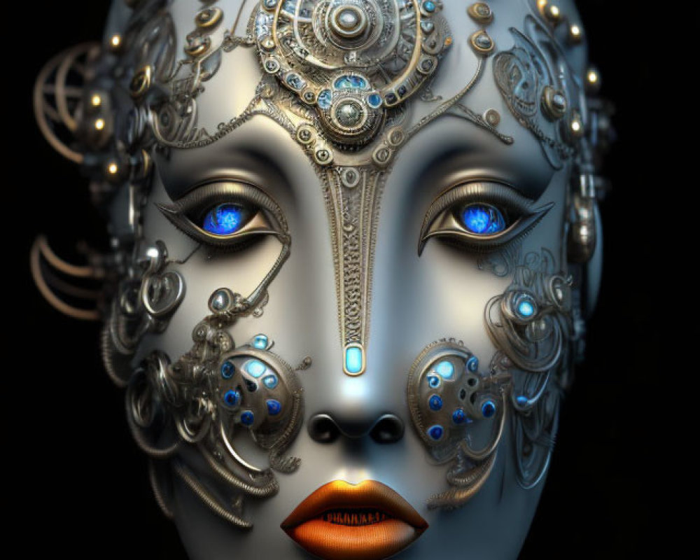 Intricate Steampunk-Style Mask with Glowing Blue Eyes