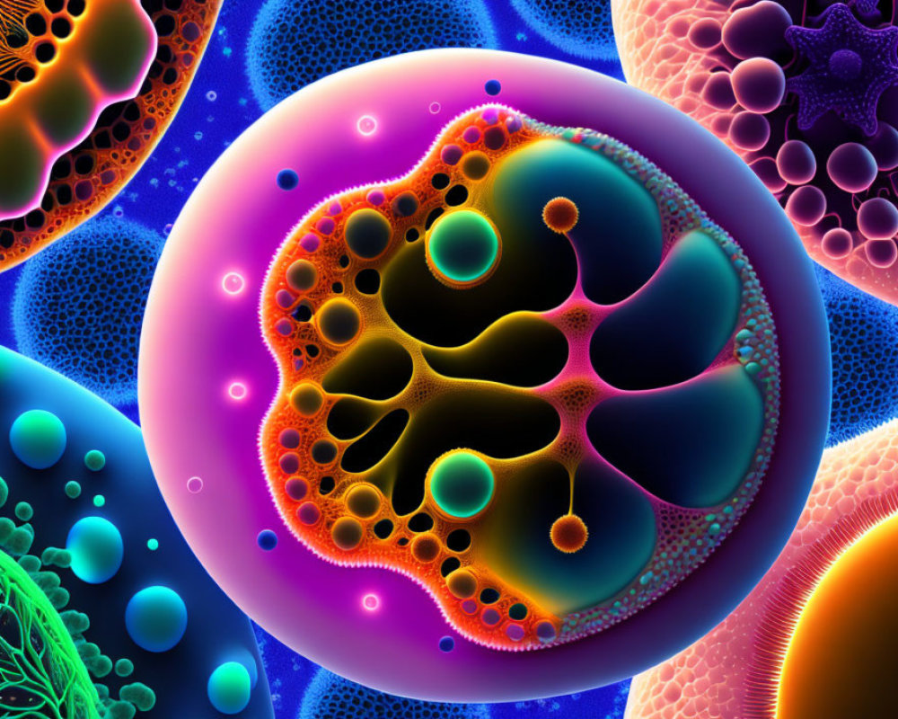 Vibrant Abstract Art: Microscopic Cells in Purple, Blue, and Orange