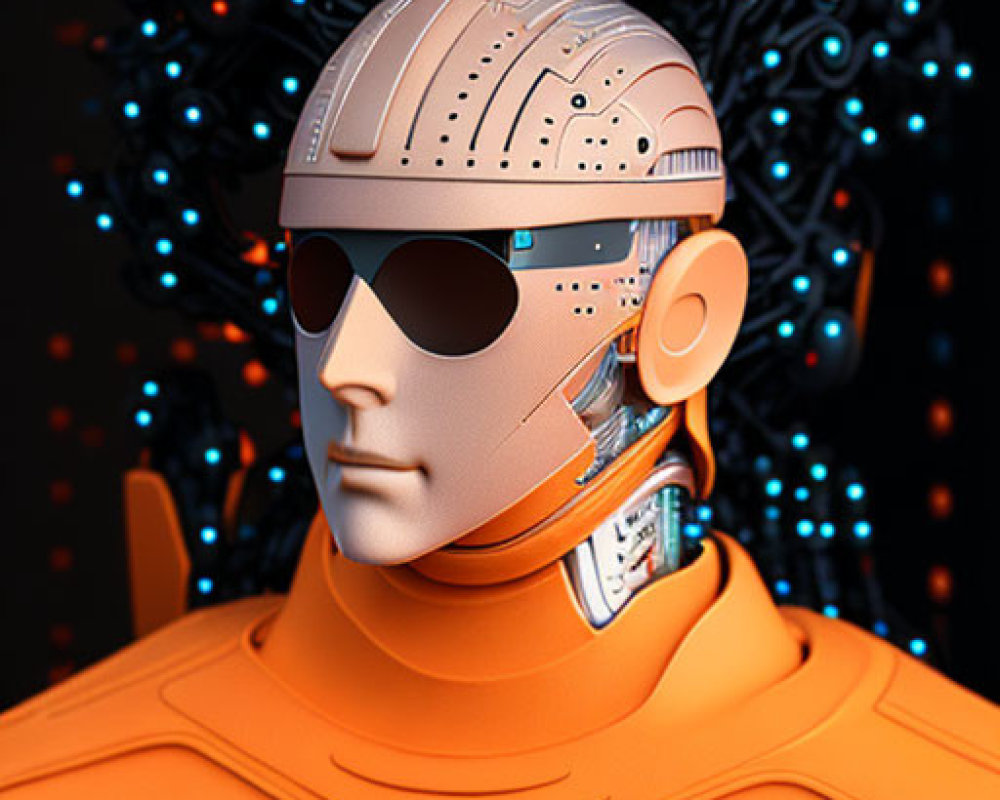 Detailed humanoid robot in orange suit with "UR" logo, mechanical head, neck, glowing blue lights