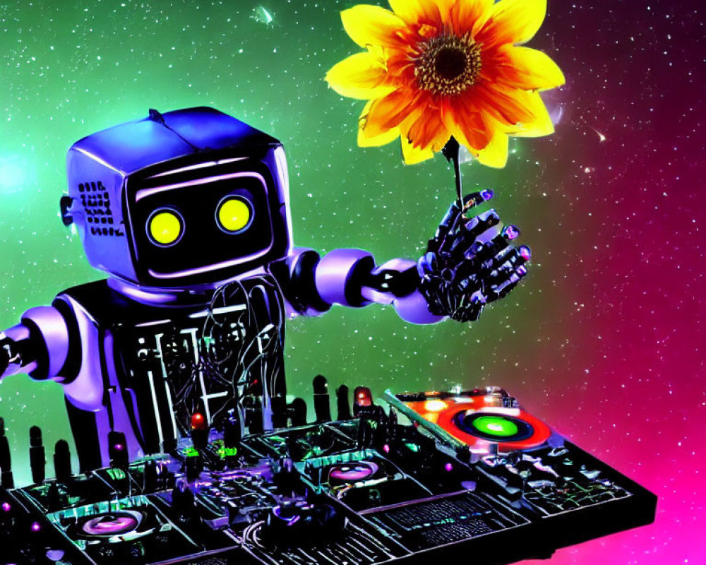 Friendly-faced robot with yellow flower at colorful DJ booth in space.