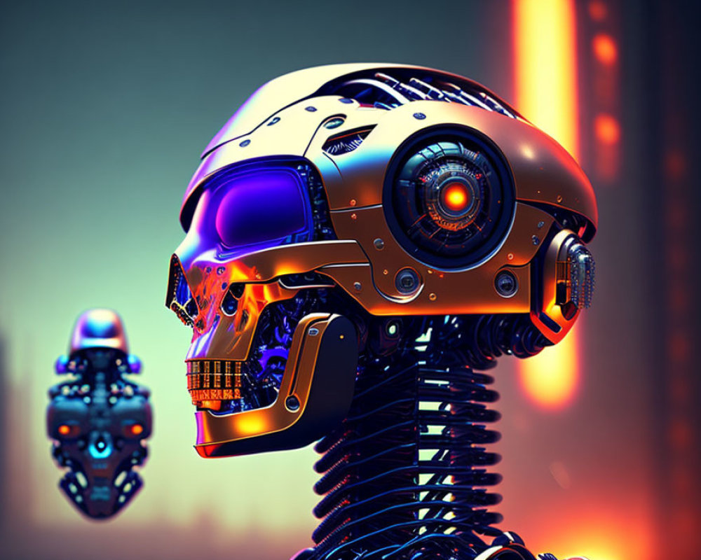 Futuristic robotic skull with orange eye and glowing elements