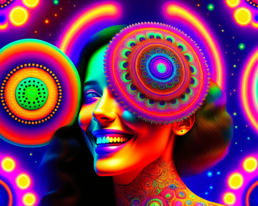 Colorful digital portrait of a smiling woman with psychedelic patterns.