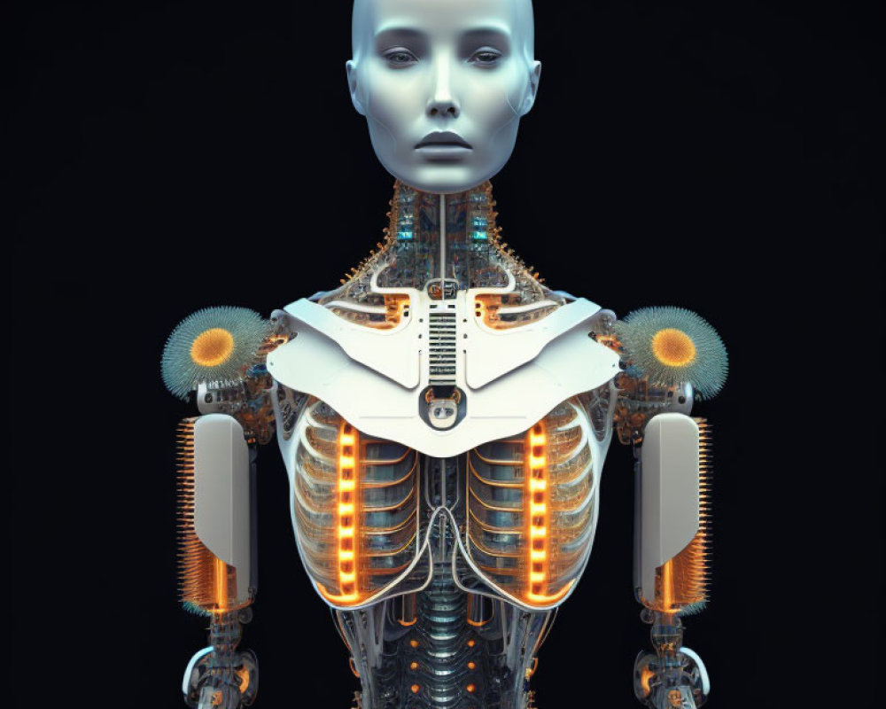 Humanoid Robot with Featureless Face and Orange-Glowing Mechanical Structure