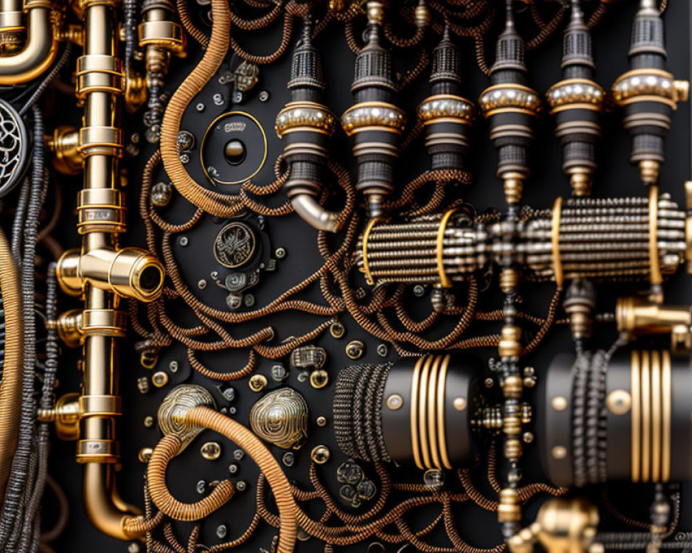 Steampunk-inspired mechanical assembly with brass pipes, gears, and textured hoses