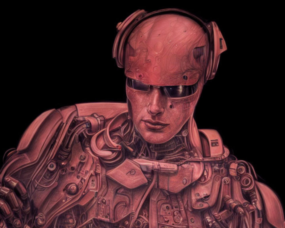 Detailed humanoid robot with visor and headphones on dark background