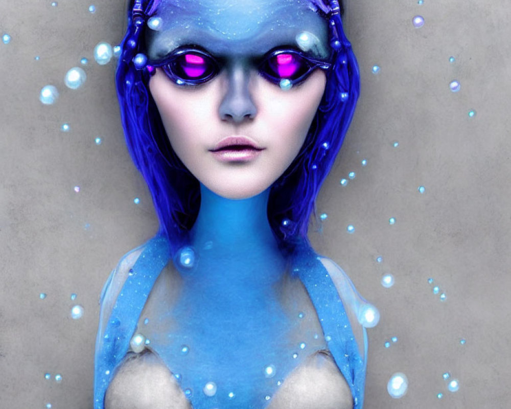 Blue-skinned female figure with purple eyes and hair in digital art with floating bubbles on neutral backdrop