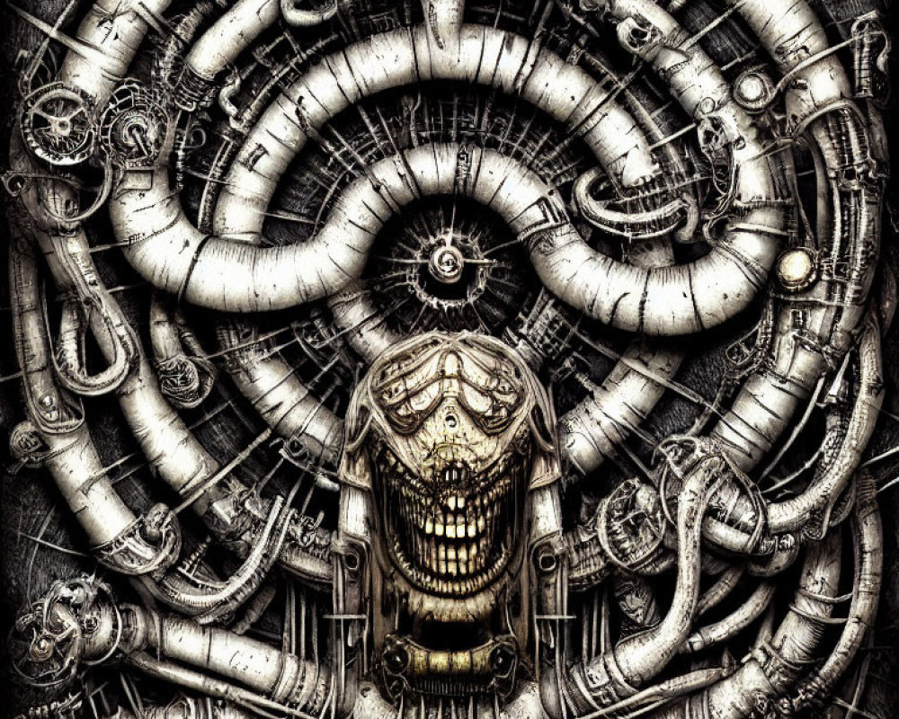 Detailed Artwork: Skull surrounded by Mechanical Pipes and Gears