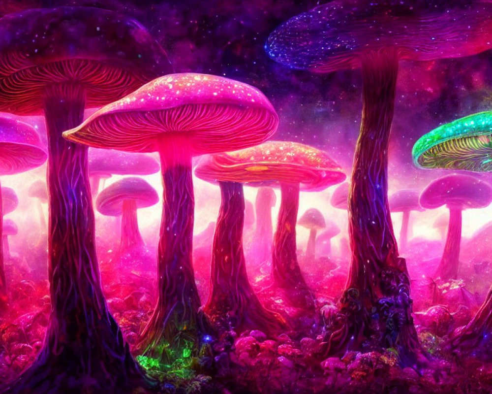 Colorful Bioluminescent Mushroom Forest Under Starry Sky