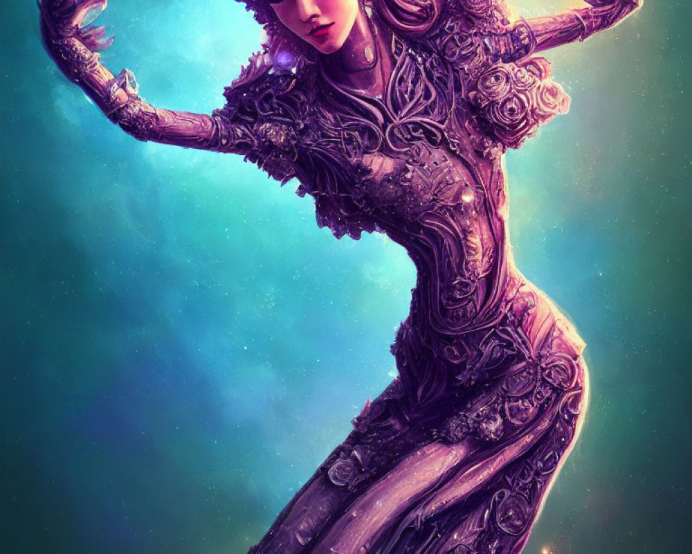 Metallic female figure against cosmic backdrop exudes elegance