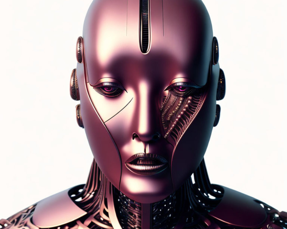 Detailed 3D rendering of humanoid robot with metallic finish & advanced facial features