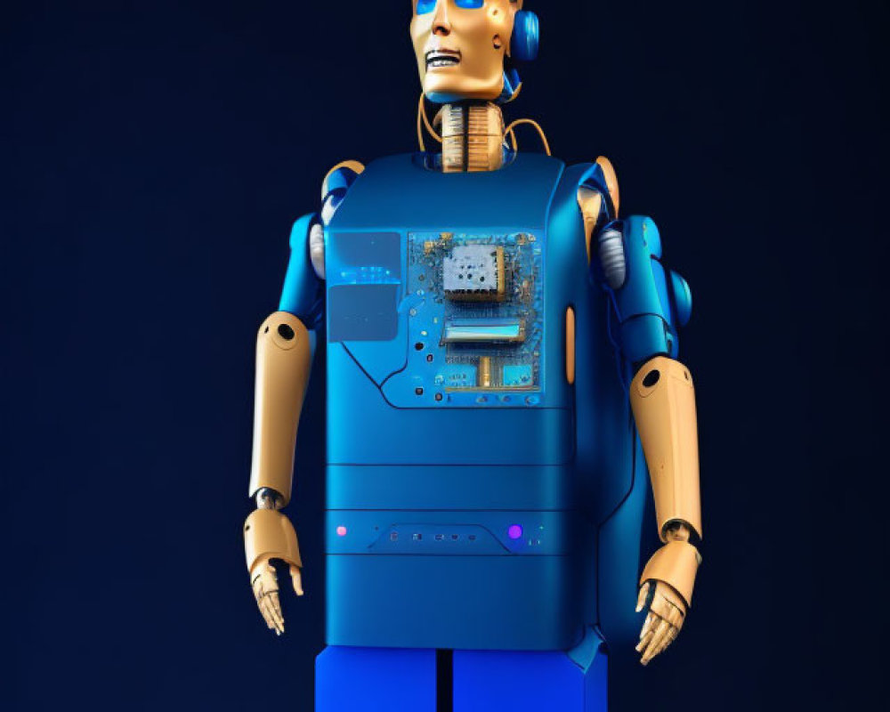 Blue and gold humanoid robot with exposed circuit board on chest in dark blue background