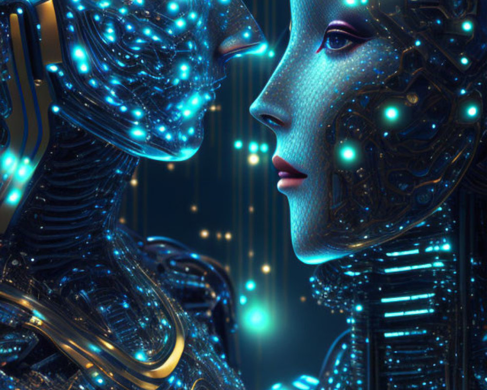 Detailed futuristic androids with glowing blue circuits in digital light backdrop