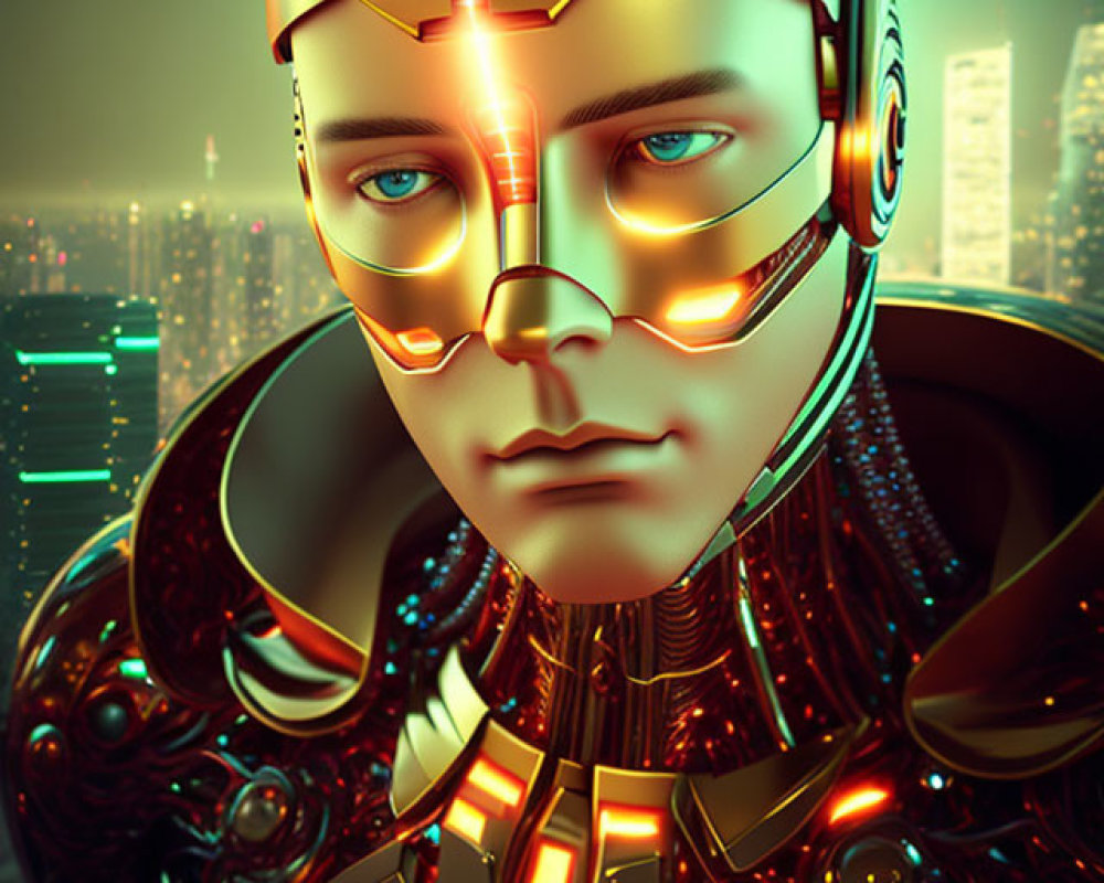 Futuristic robot head and torso with glowing eyes and cityscape background.