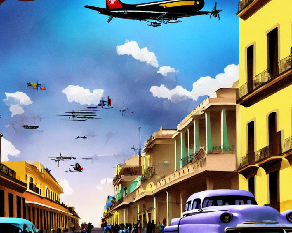 Colorful retro-futuristic artwork: flying cars, zeppelin, colonial buildings