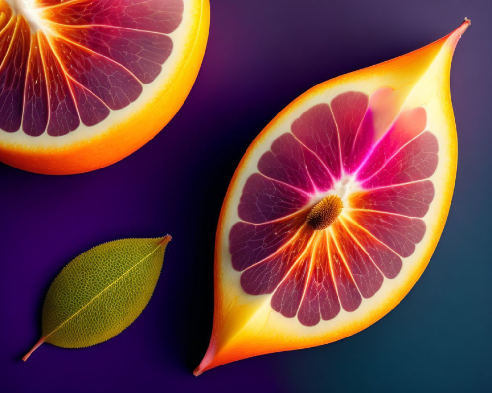 Sliced Blood Orange with Glowing Interior on Purple Background