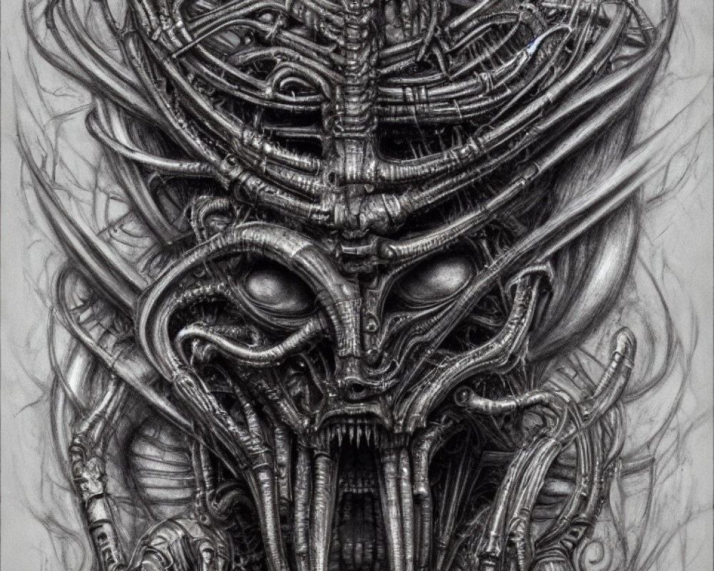 Detailed monochrome biomechanical entity sketch with intricate machinery and organic elements.