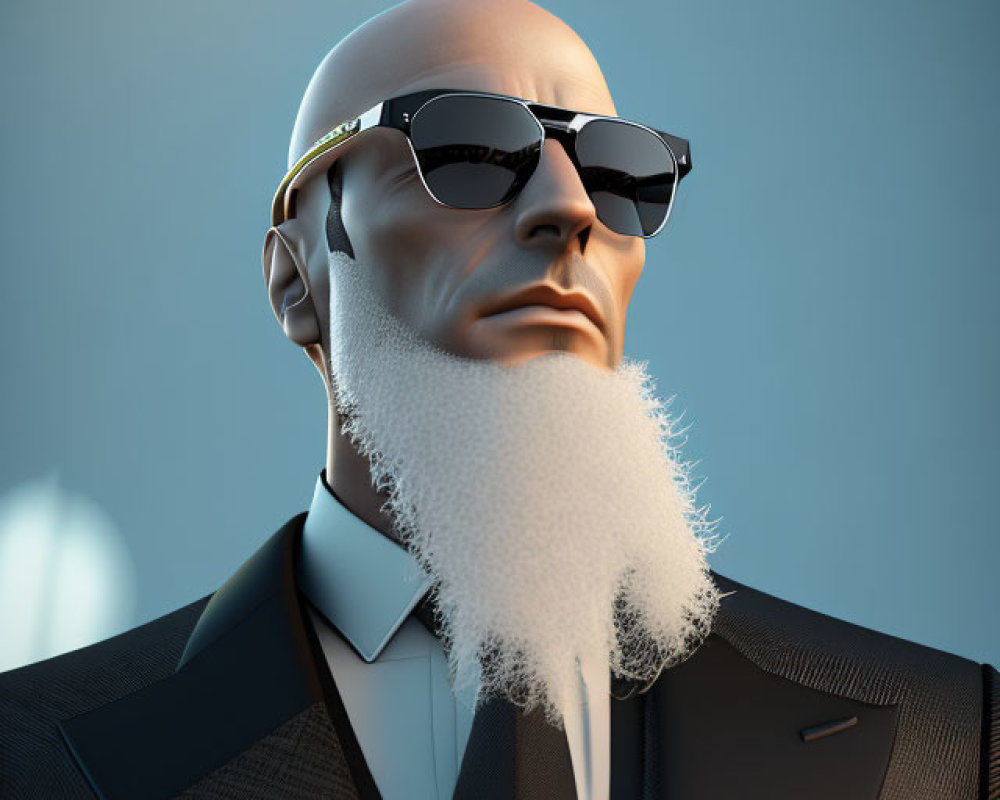 Bald man with white beard in suit & sunglasses on blue sky - 3D illustration