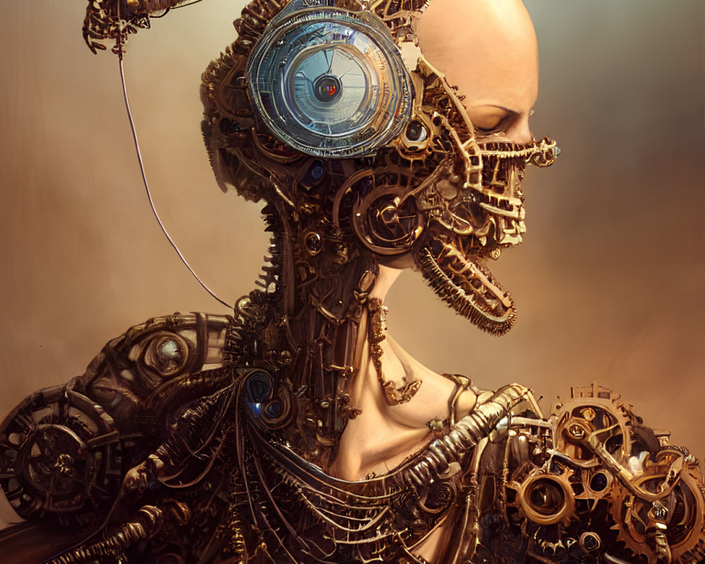 Detailed Steampunk-Style Robot with Mechanical Gears and Eye