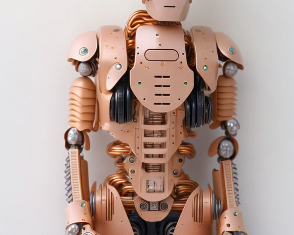 Copper-Toned Humanoid Robot with Green Glowing Eyes