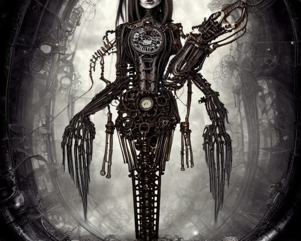 Intricate Steampunk Robotic Figure with Clock Components