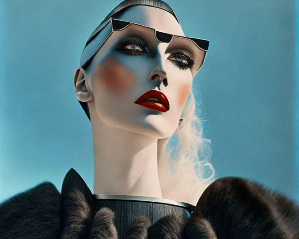 Mannequin with Bold Makeup, Cat-Eye Sunglasses, and Fur Coat on Blue Background