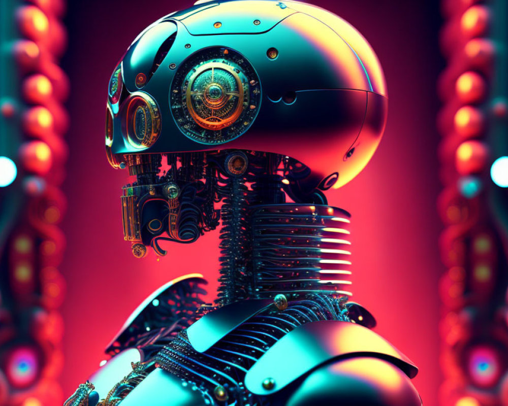 Detailed 3D rendering of futuristic robot with intricate metallic body and complex head gears on red backdrop