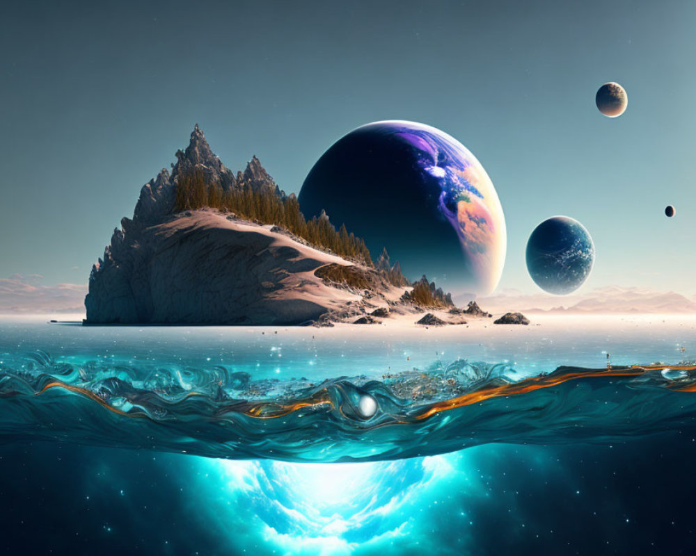 Rocky Island with Planets in Sky and Blue Water