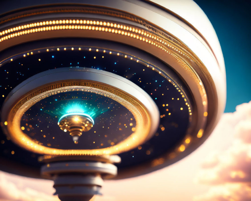 Futuristic ornate flying saucer under golden lights in dramatic sky