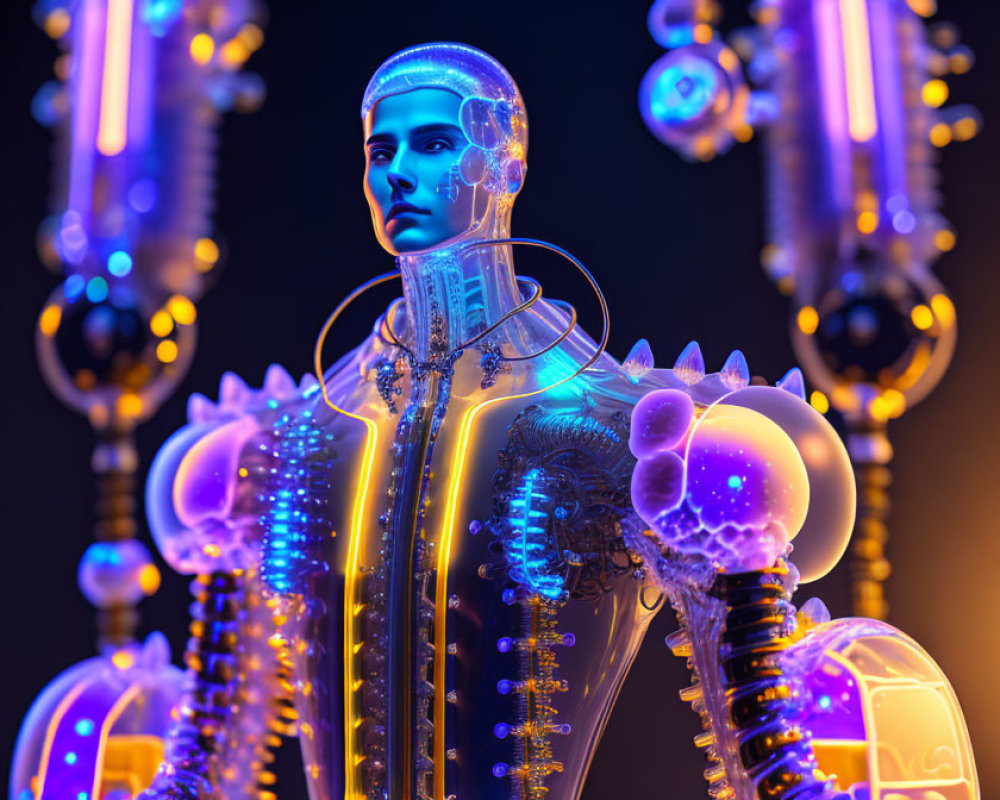 Transparent humanoid robot with intricate internal mechanisms on industrial background