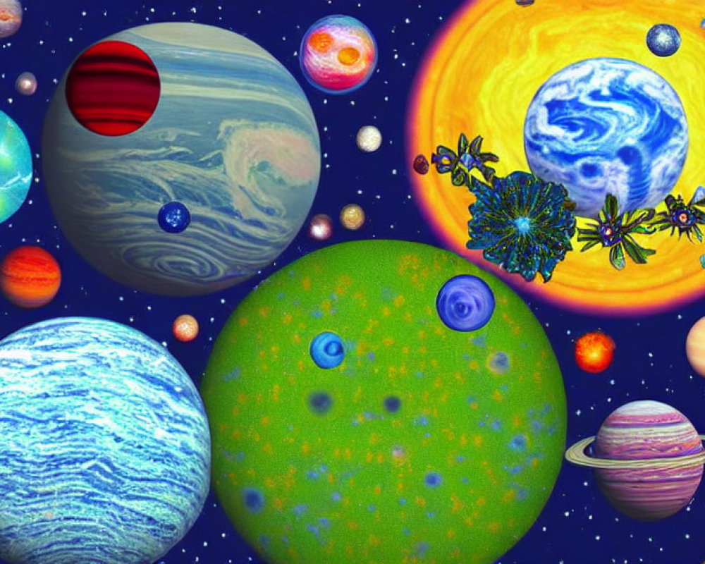 Colorful digital artwork: Whimsical cosmic scene with stylized planets