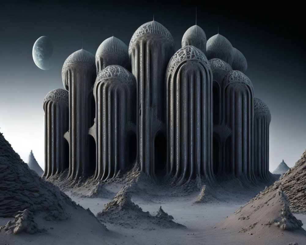 Alien Moonlit Landscape with Surreal Towers and Celestial Body