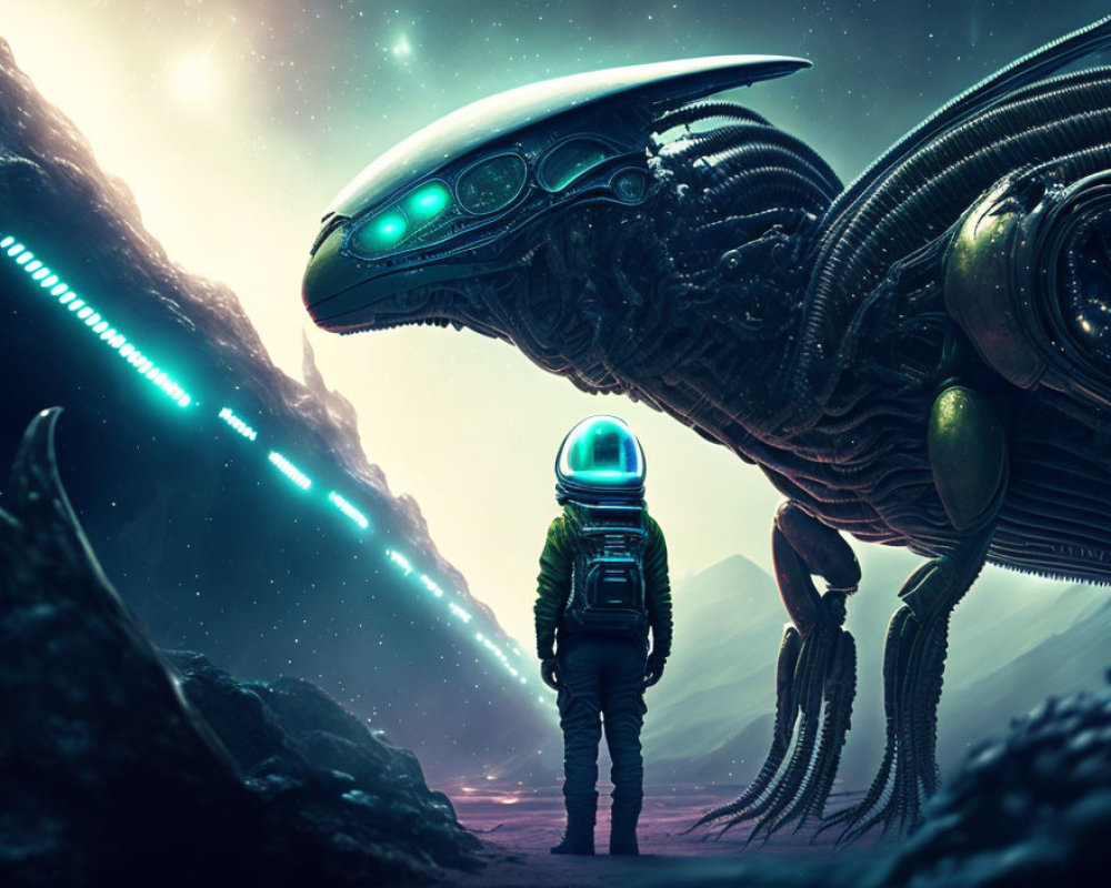 Astronaut facing mechanical alien on rocky extraterrestrial landscape