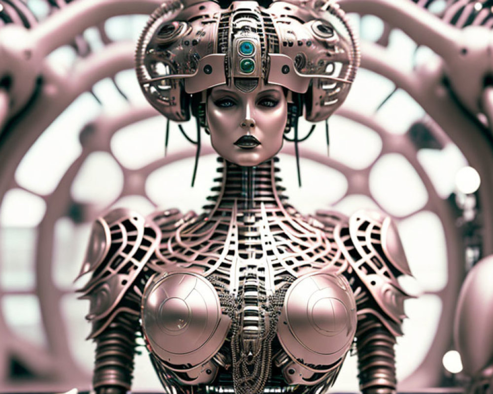 Detailed Futuristic Robotic Figure with Intricate Headpiece and Body Armor on Complex Mechanical Background